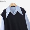 ZANZEA Women Casual Fake Two-Piece Long Sleeve Contrast Color Shirts
