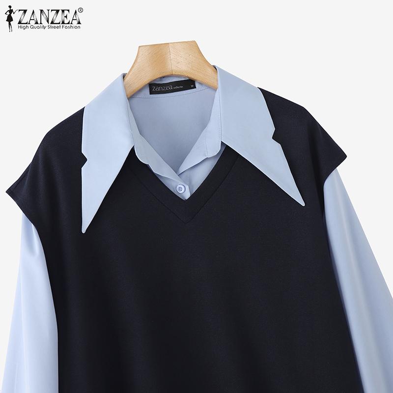 ZANZEA Women Casual Fake Two-Piece Long Sleeve Contrast Color Shirts
