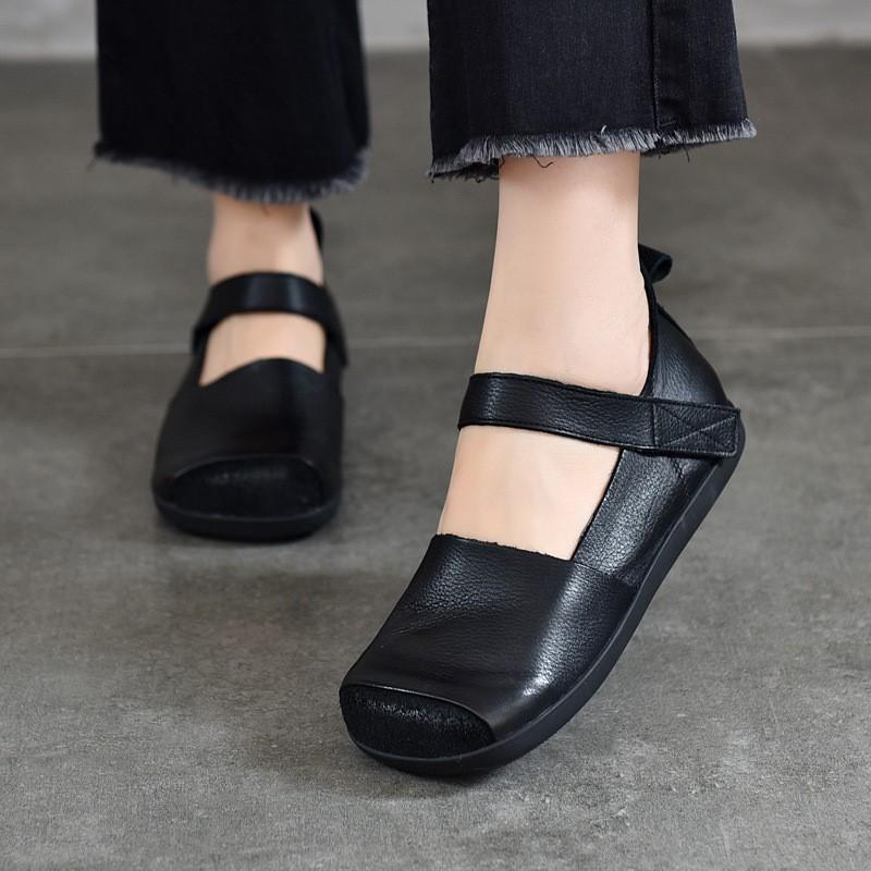Johnature Retro Genuine Leather Square Toe Flat Shoes Soft Sole Handmade Solid Color Women's Shoes