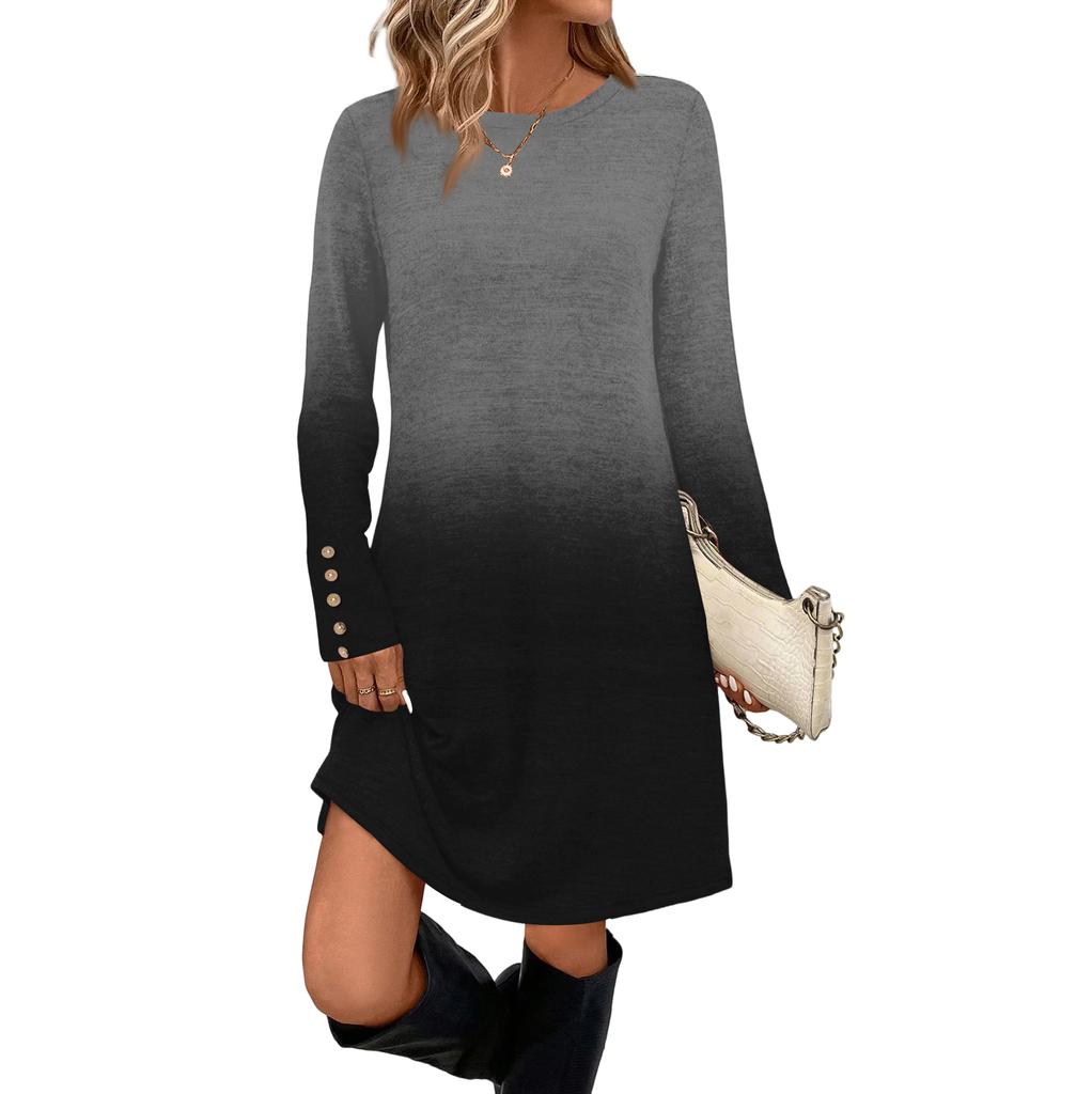 Damenmode Freizeitkleid mit Tasche, dekorativen Knöpfen, Rundhalsausschnitt und langen Ärmeln