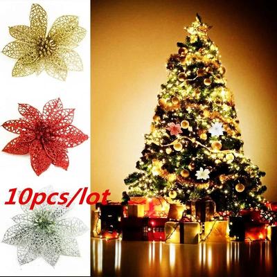 10 STÜCKE Simulieren Weihnachtsblumen Weihnachtsbaum Rote Blumen Ausgehöhlte Blumen Goldpuder für Feiertagsornament Weihnachtsdekorationen
