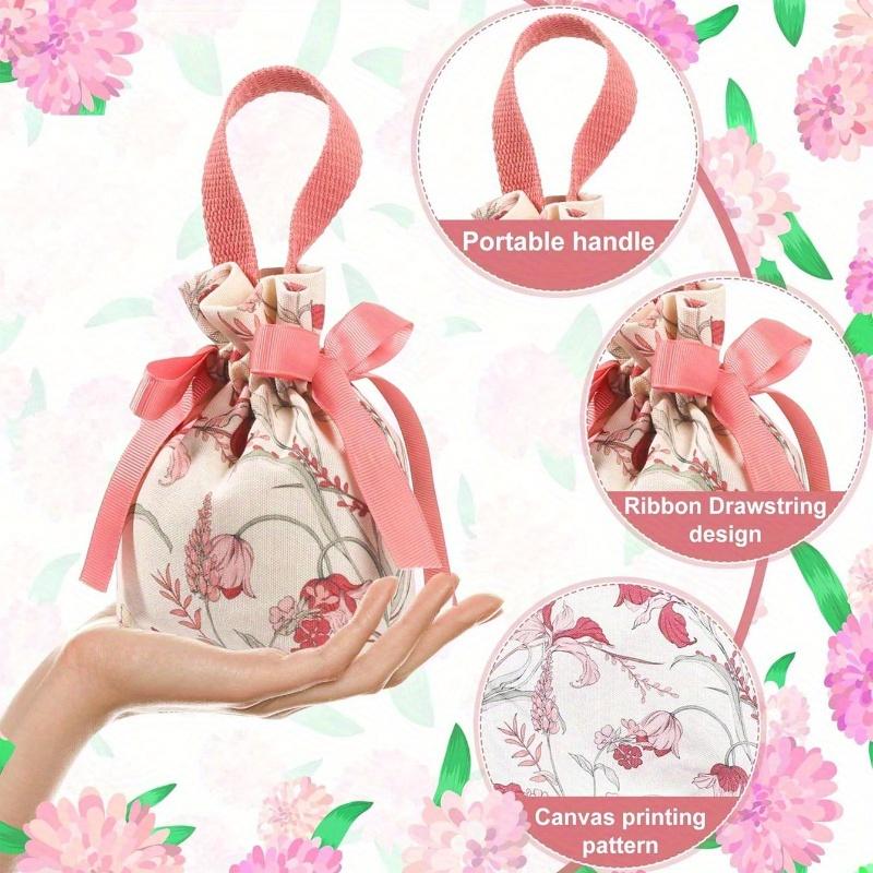 Floral Small Gift Bags with Handles, Small Flower Candy Bags, Tea Party Gift Bags, Jewelry Bags with Drawstring, Canvas Small Candy Bags