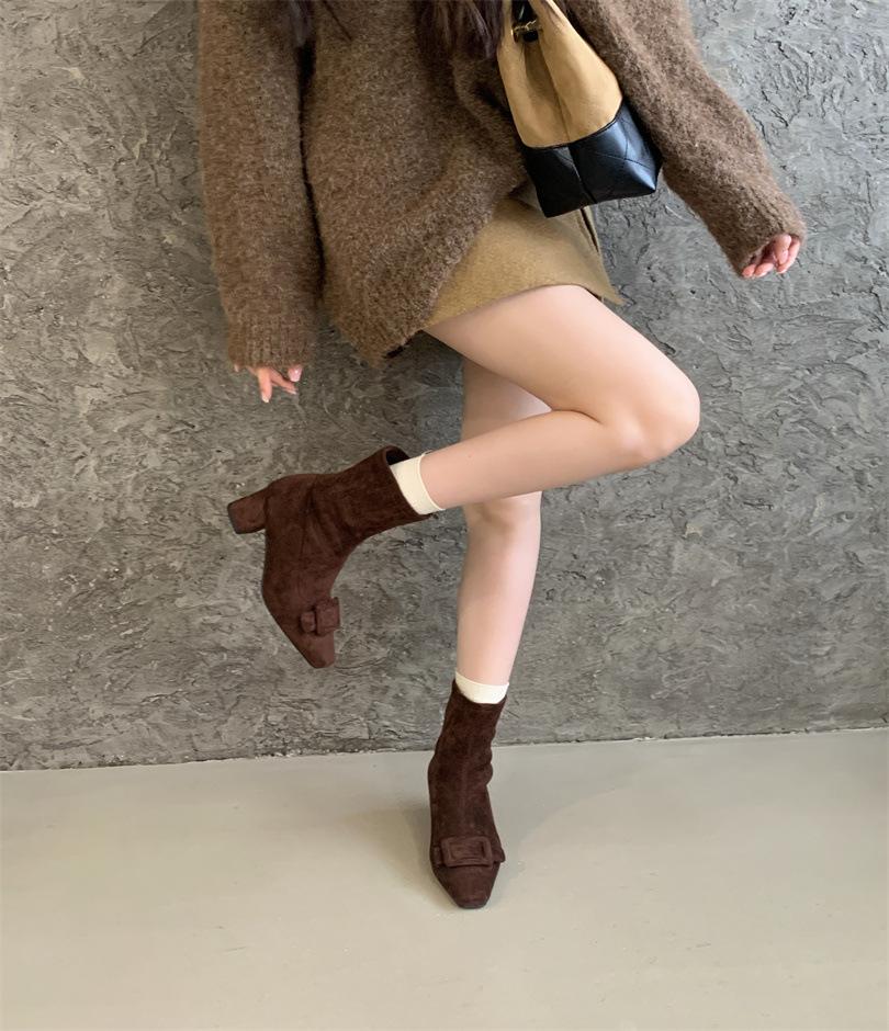 Damenstiefel mit quadratischer Schnalle, Wildleder, dünnem Absatz, Seitenreißverschluss, kurze Stiefel, Damen-Hochstiefel, schlanke Beine, hoher Schaft, elastische dünne Stiefel