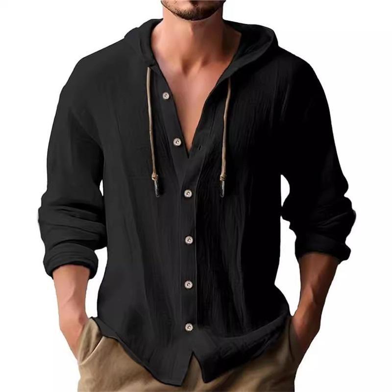 T-shirt con cappuccio estiva da uomo, nuova, tinta unita, cotone e lino, camicia casual a maniche lunghe da uomo, top da spiaggia