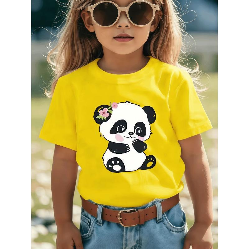 European sizes Cute Cartoon Style Panda T-Shirt - Featuring Pink Flower Decorations, Black Background Design, Suitable for Summer Casual Wear