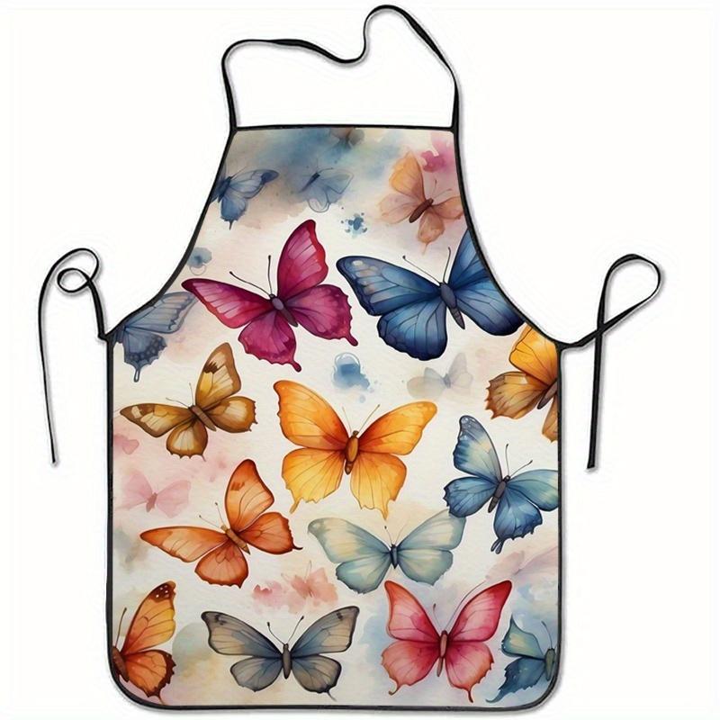 1pc Colorful Watercolor Butterfly Illustration Printed Sleeveless Polyester Apron for Home Kitchen Baking Work
