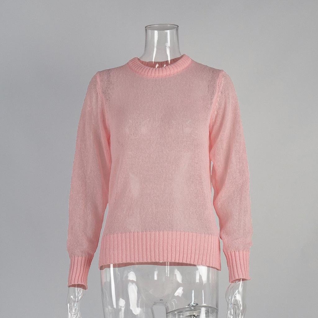 Women's Mohair Round Neck Pullover Sweater Spring Summer Semi-sheer Comfortable Knit Base Top