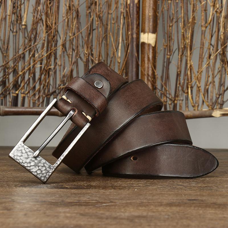 Bold And Thickened Hammer Pattern Stainless Steel Button Head Belt, Men'S Genuine Leather First Layer Cowhide Trendy Versatile Denim Belt