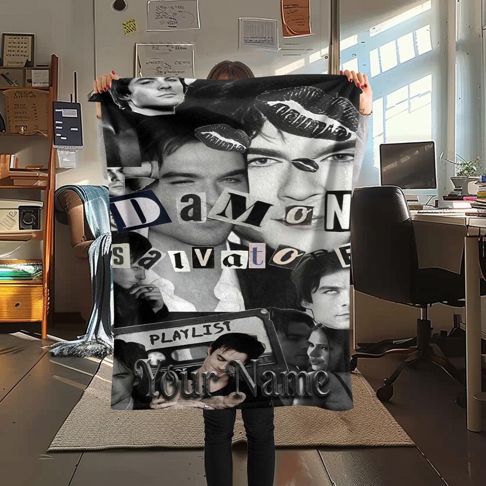 1PC Custom Name Damon Salvatore Patterned Flannel Blanket Suitable For All Seasons for Home Decor Warmth and Comfort Gifts Holiday Present -HE124