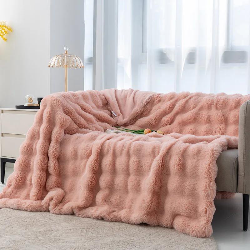 Ins Solid Color Faux Rabbit Fleece Blankets Fluffy Soft Warm Throw Blanket Nap Blanket For Couch Sofa Office Bed Camping Travel