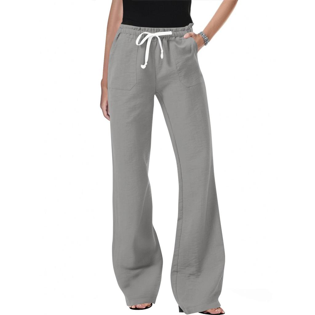 Women's Slant Pocket Elastic Waist Casual Cotton And Linen Trousers