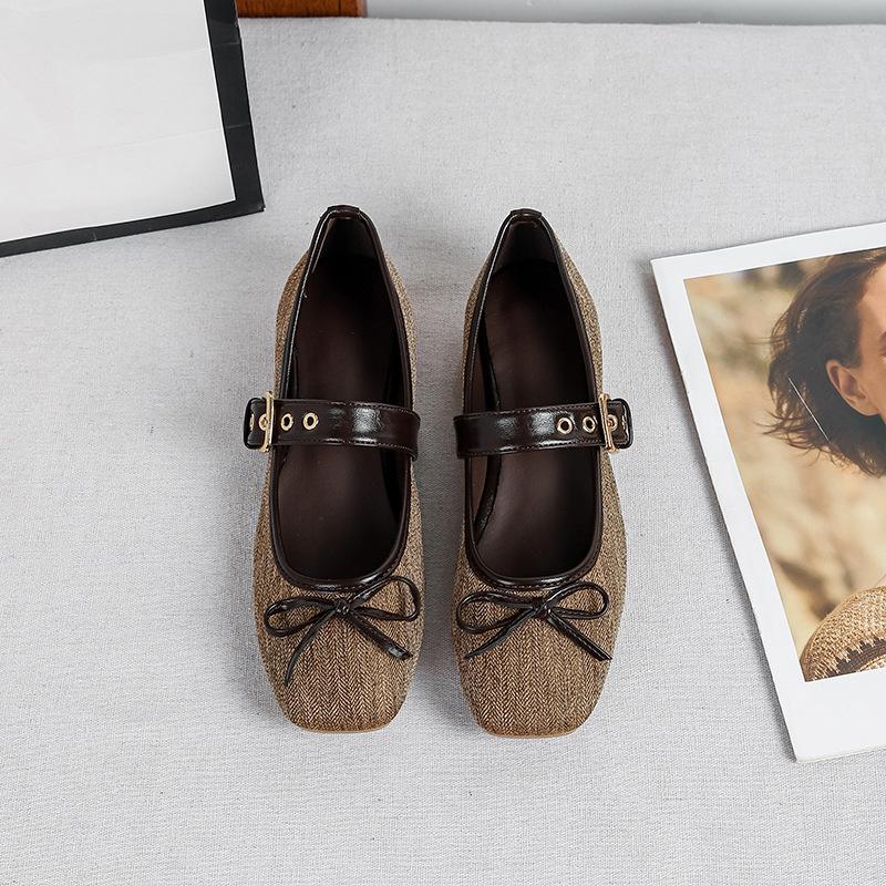 Women Ballet Flats 2026 Autumn Bowknot Square Toe Belt Buckle Design Mary Jane Shoes Elegant Soft Sole High Quality Single Shoes