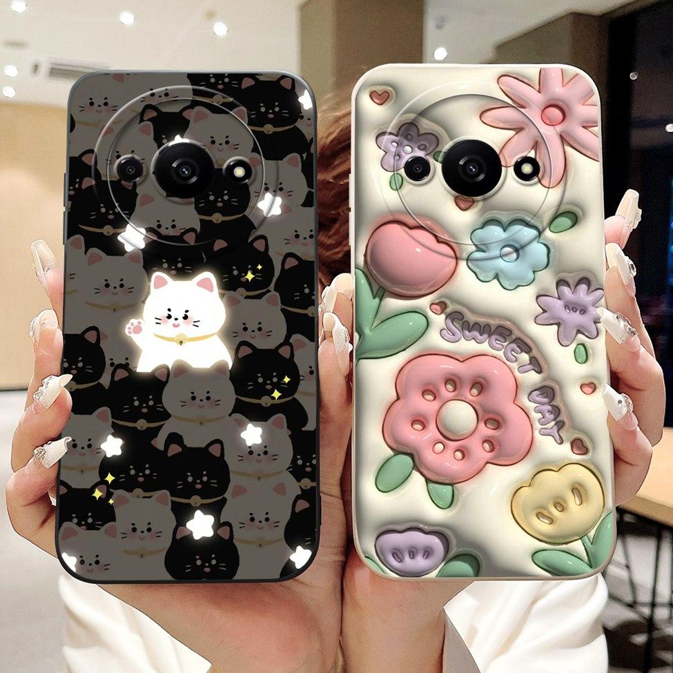 Für Redmi A3 Hülle Niedliche Cartoon Katze Ästhetisch Blumenmädchen Junge Stoßfeste Silikon-Rückabdeckung Für Xiaomi Redmi A3 Handyhülle Coque