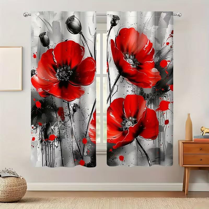 2 Pcs Dark red flowers print curtains,suitable for bedroom,living room kitchen decoration,home decoration,window decoration