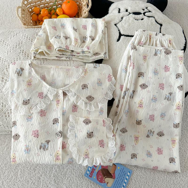 Doll Collar Cartoon Pajamas Women'S Summer Cloud Cotton Short Sleeves Cute Student Loungewear Three-Piece Set