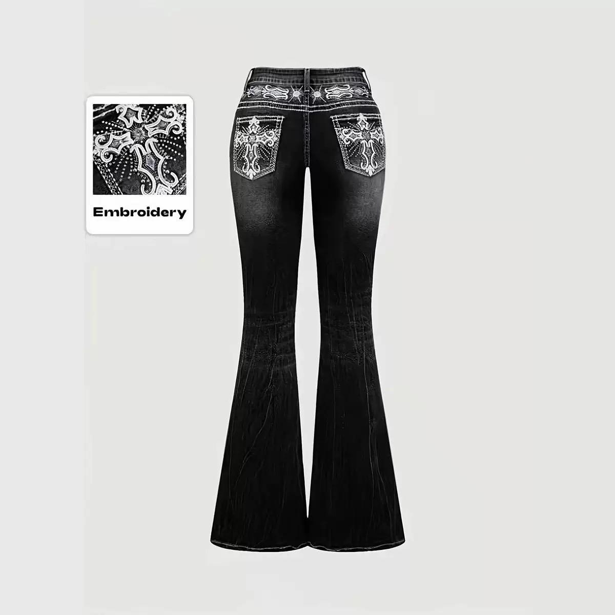 

Jeans Flare Pants Women Vintage Boot Cut Embroidery Pockets Rhinestone Washed Female Distressed Denims Trousers Streetwear XXL чорний