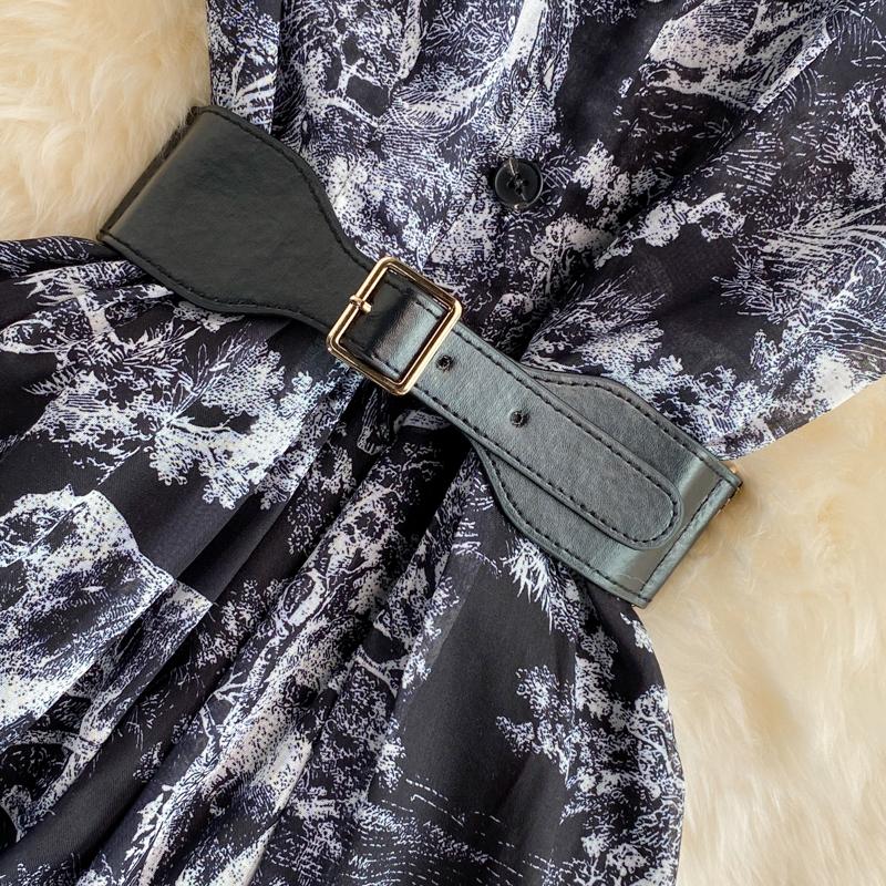 RUGOD 2022 Sommer Ny Revers Kortermet Lett Velkjent Stil Over-kneet Retro Print Kjole Elegant Midje og Stor Sving Lang Kjole