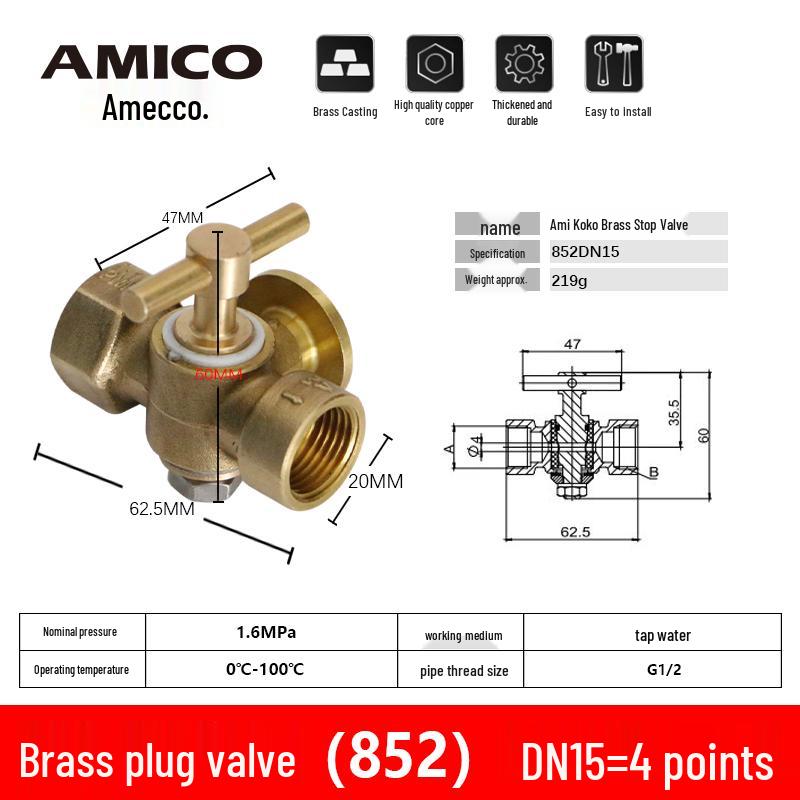 Ameikeo Brass Three-Way Plug Valve, Pressure Gauge, 4-Point Internal Thread Venting.