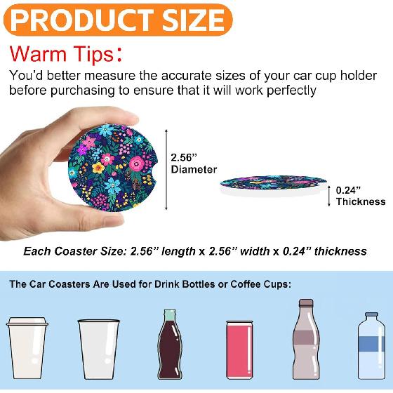 Colorful Flowers and Plants Car Cup Holder Coaster,Car Coasters for Cup Holder,2 Pack Floral Berries Anti-Slip Absorbent Ceramic Car Cup Coasters for