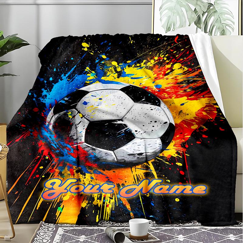 1PC Custom Name Soccer Splash Art" Outdooor Flannel Blankets Patterns Throw Blanket All-Season Soft Gift for Couch, Bed, Camping Gifts