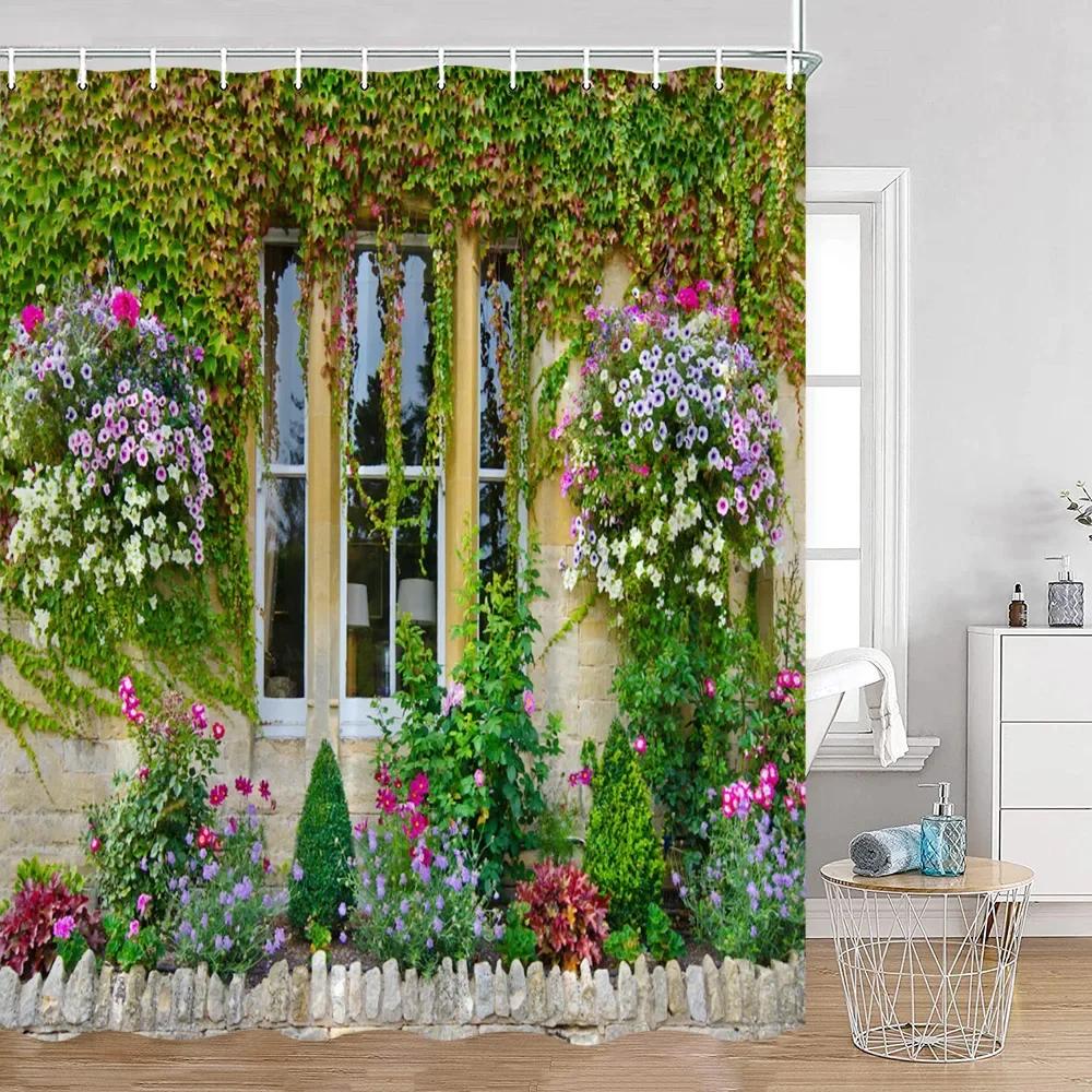 Vintage European Style Street View Shower Curtain Street View Old Stone Wall Plant Bathroom Curtain Bath Decoration