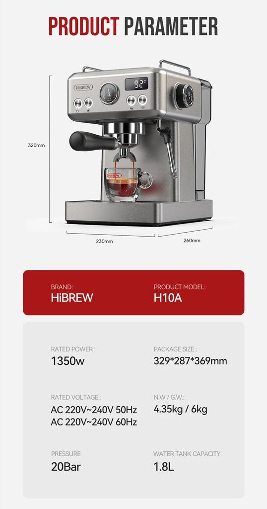Nueva Cafetera Espresso Semiautomática HiBREW de 20 Bares Temperatura Ajustable Portafiltro de 58mm Cafetera Fría/Caliente Carcasa Metálica H10A