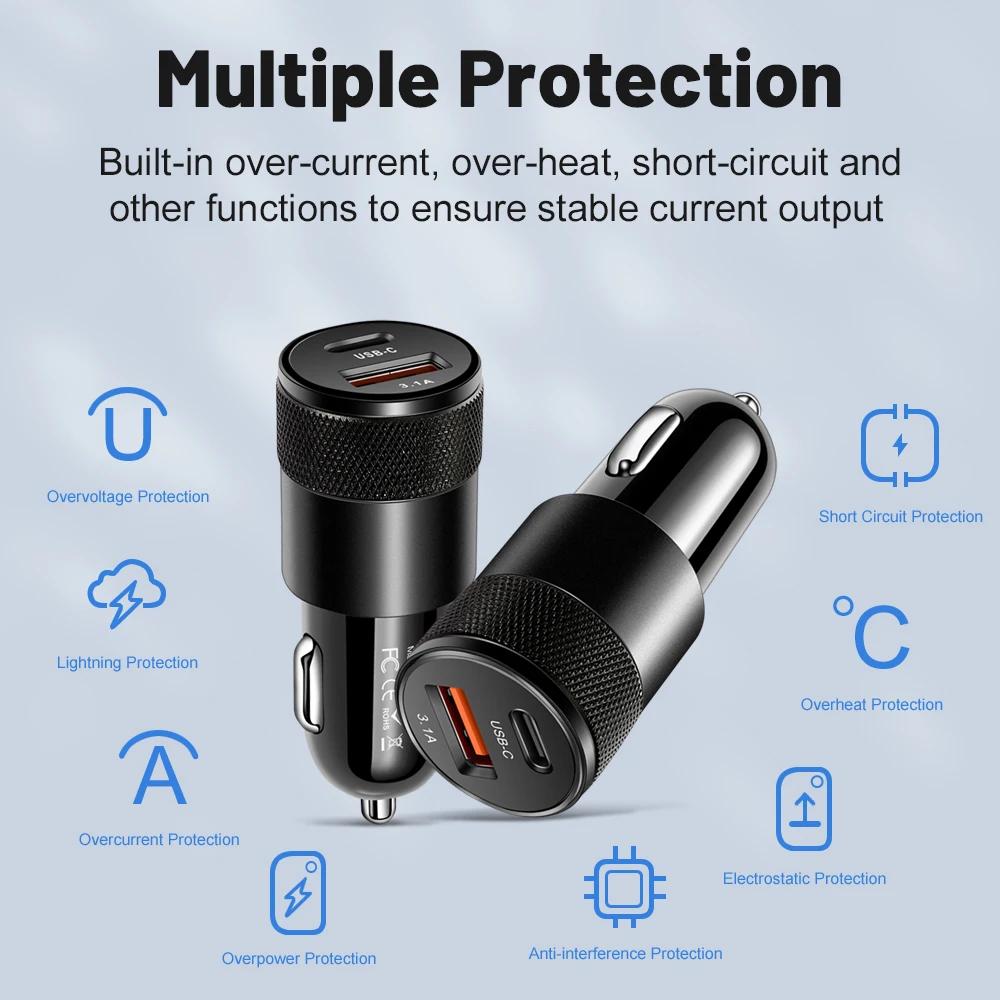 3.1A USB Car Charger Type C Fast Charging Phone Adapter For iPhone Xiaomi Huawei Phone Charger Adapter Socket Cigarette Lighter