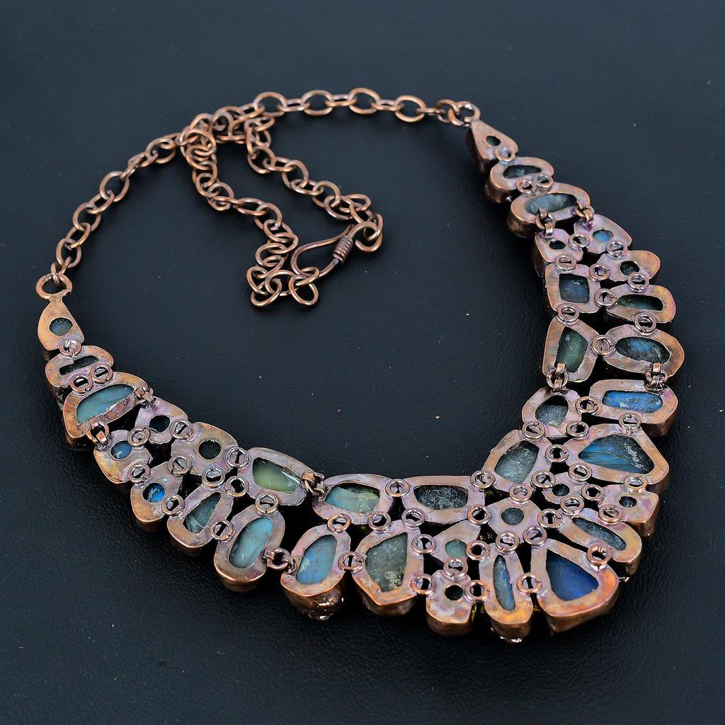Labradorite Handmade Gemstone Necklace, Copper Electroformed Necklace Antique Jewelry, Adjustable Necklace Engagement Gift