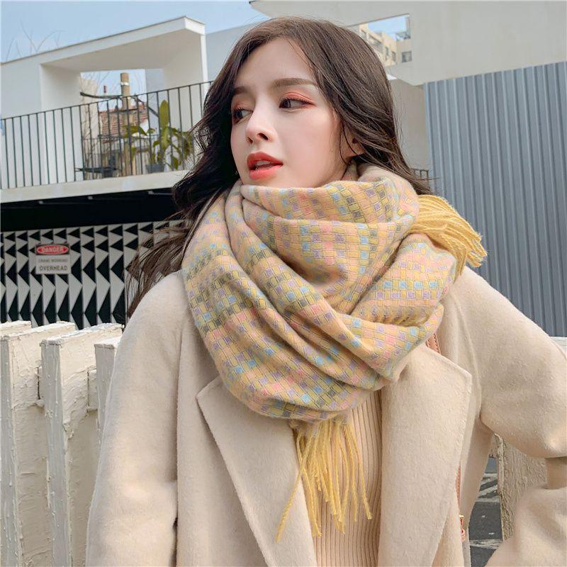 Korean Style Plaid Scarf for Women Winter Student Versatile Shawl Thickened Neck Warmer Cute Girlish Neck Gaiter