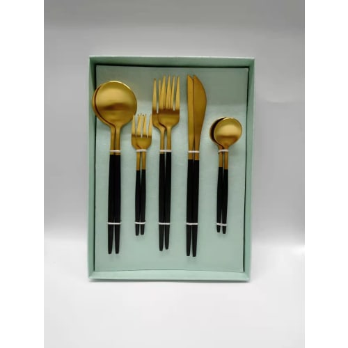 

cesa beams stylish cutlery set, gold spoon, fork, knife, coffee spoon, cake fork, 5-piece set (set of 2), gift box included. Stainless steel, perfect