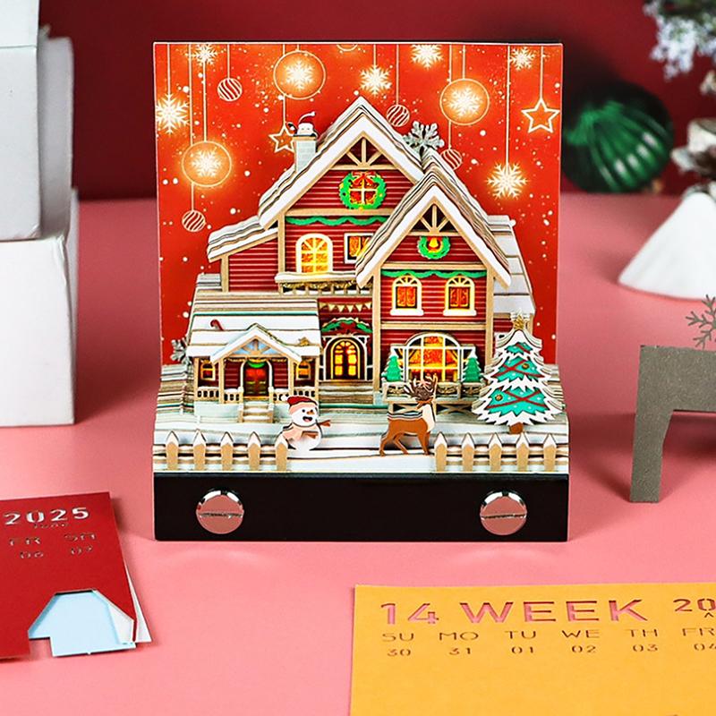2026 Desk Calendar With Led Light Christmas Snow House Sculpture 3D Tear-Away Calendar Paper Carving Notepad Gift Home Decor