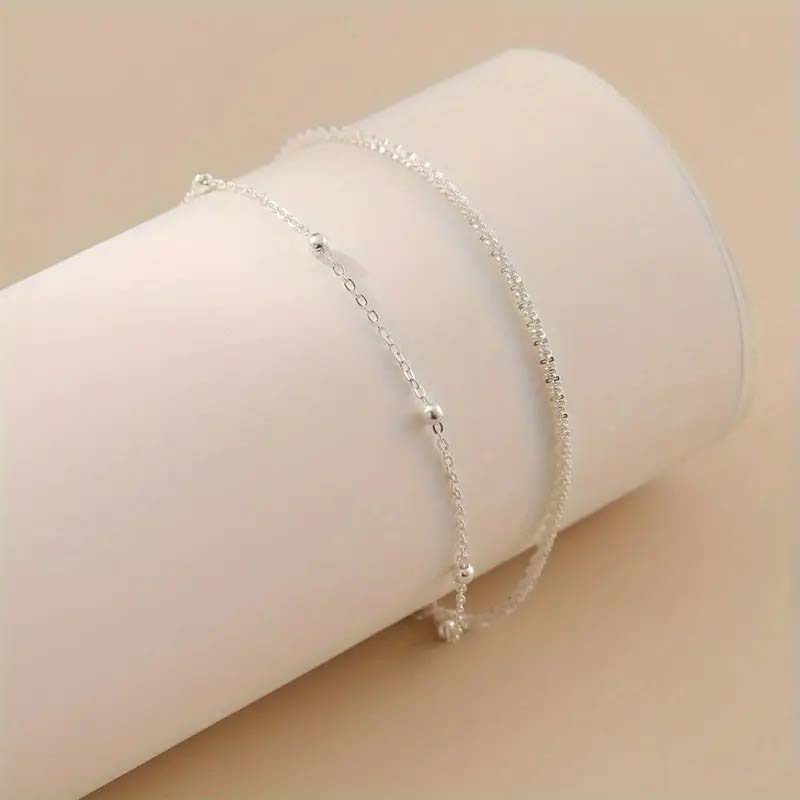 Simple Silver Color Beaded Bracelet for Women Girls Fashion Metal Shiny Double Layered Bracelet Wedding Jewelry Accessories