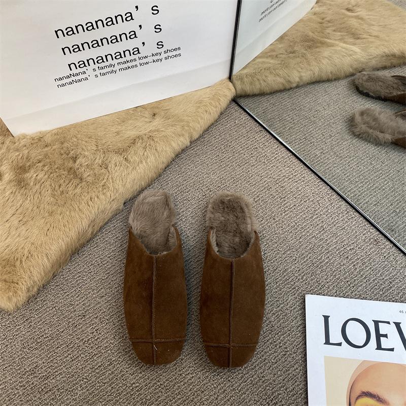 Premium Hairy Square Head Deep Mouth Suede Lazy Muller Shoes Plush Warm Flat Bottom Baotou Half Slippers Women's Outer Wear