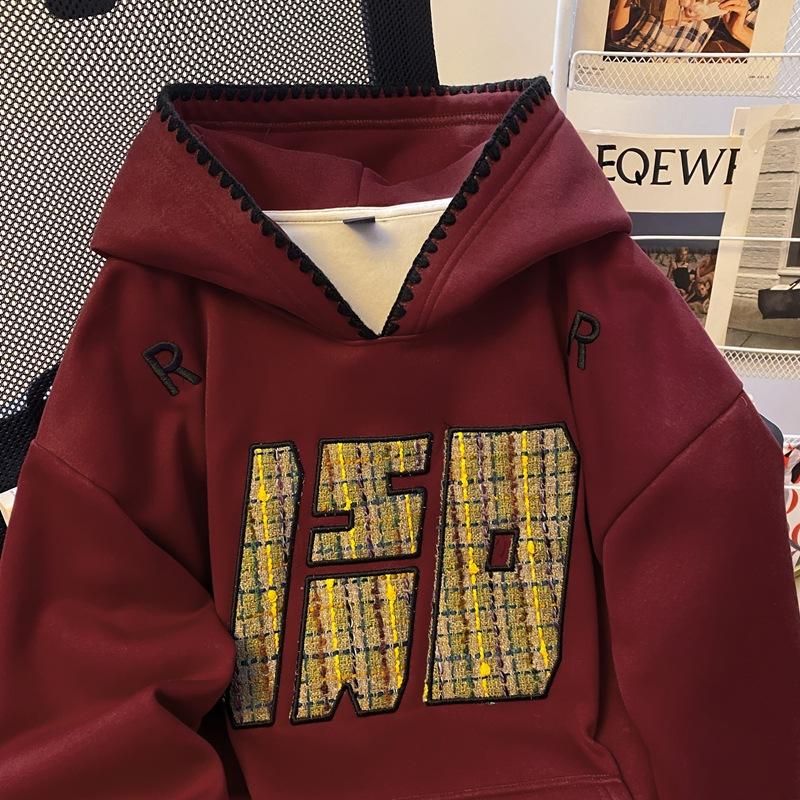 Couple Clothing Fleece Thickened Hooded Sweater Women's Clothing 2026 New Autumn and Winter Tide Brand Loose Design Embroidered Top