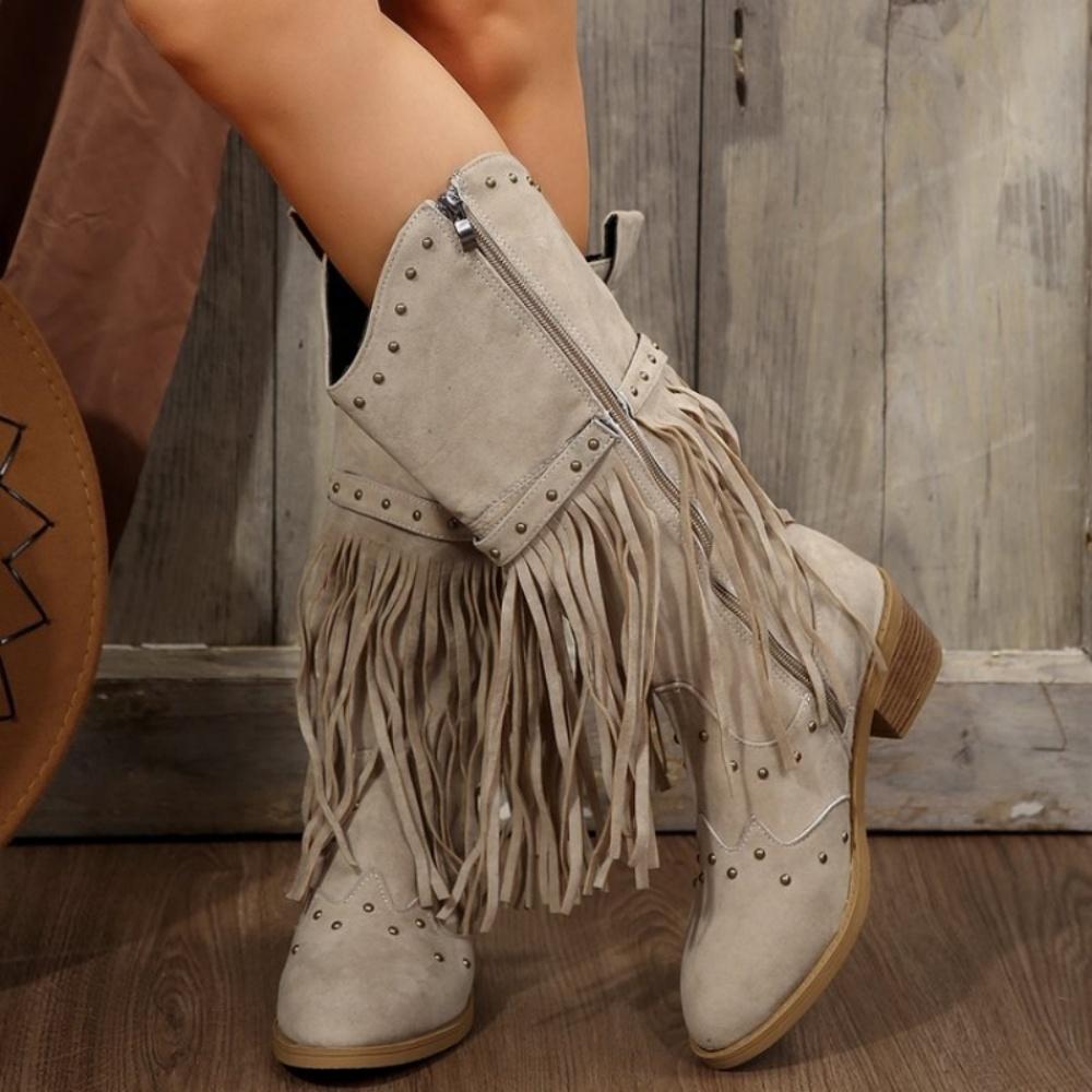 Fashion Large Size Tassel High Boots Women Autumn and Winter New Thick Heel Rivets Fashion Motorcycle Boots Women