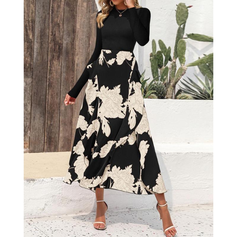Autumn Women's Dress Fashion Splicing Floral Long Dress Round Neck Long Sleeve Ruffle Dresses