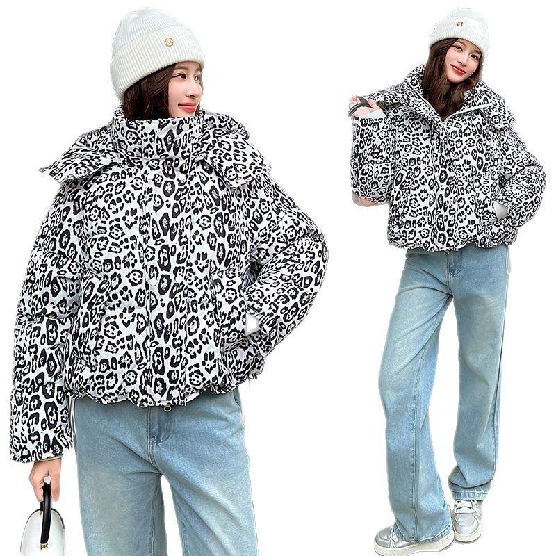 Autumn and winter new leopard print cotton jacket women's thickened short stand-up collar jacket cotton-padded jacket