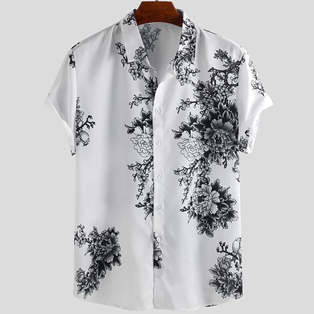 Japanese Flower Bird Print Fashion Men's Shirt Hawaiian Blouse Casual Loose Breathable Short Sleeve Outdoor Street Men's Clothes