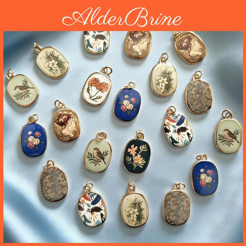 Plated Vintage Enamel Gold Pendants Hand Painted Floral Bird Charms For Diy Necklace Holiday Craft Projects