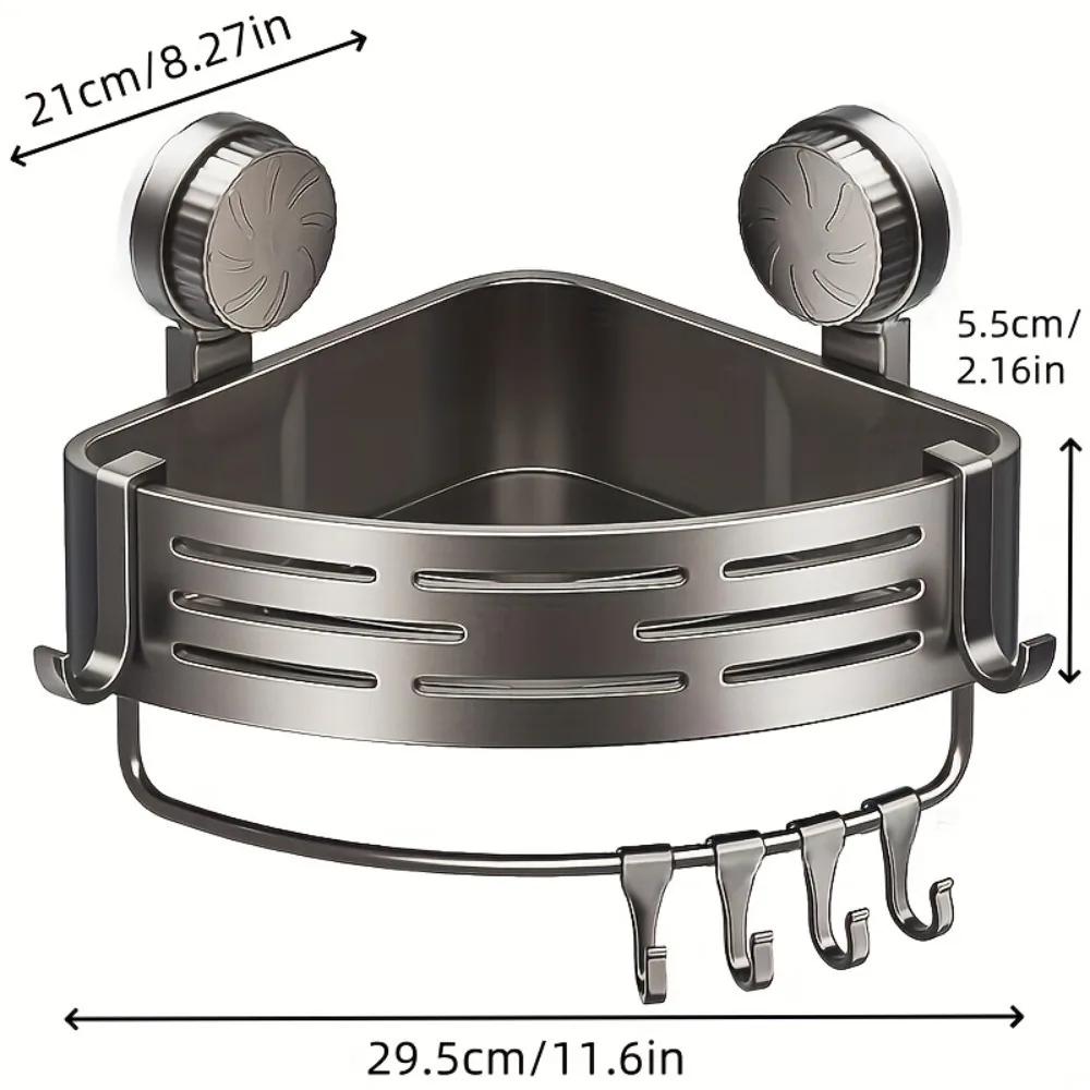 1pc Self-Adhesive/Drill-On Bathroom Shower Shelf with Hooks,Heavy-Duty No Drill Installation Corner Caddy, Aluminum Rack