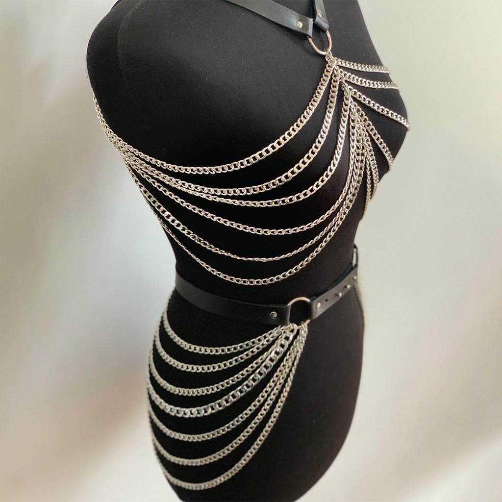 Fashion Body Chain Set: Leather belt paired with cage-style chest harness accessory, perfectly complements  carnival outfits
