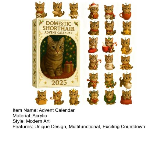 Bobtail Katze Adventskalender 2025 24 Tage Acryl-Ornament mit Katzenthemen Weihnachts-Countdown-Dekor für Baum Katzenliebhaber