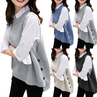 Women's Spring Knitted Vest Casual Sleeveless V-Neck Side Buttons Decorative Buttons Colour Top
