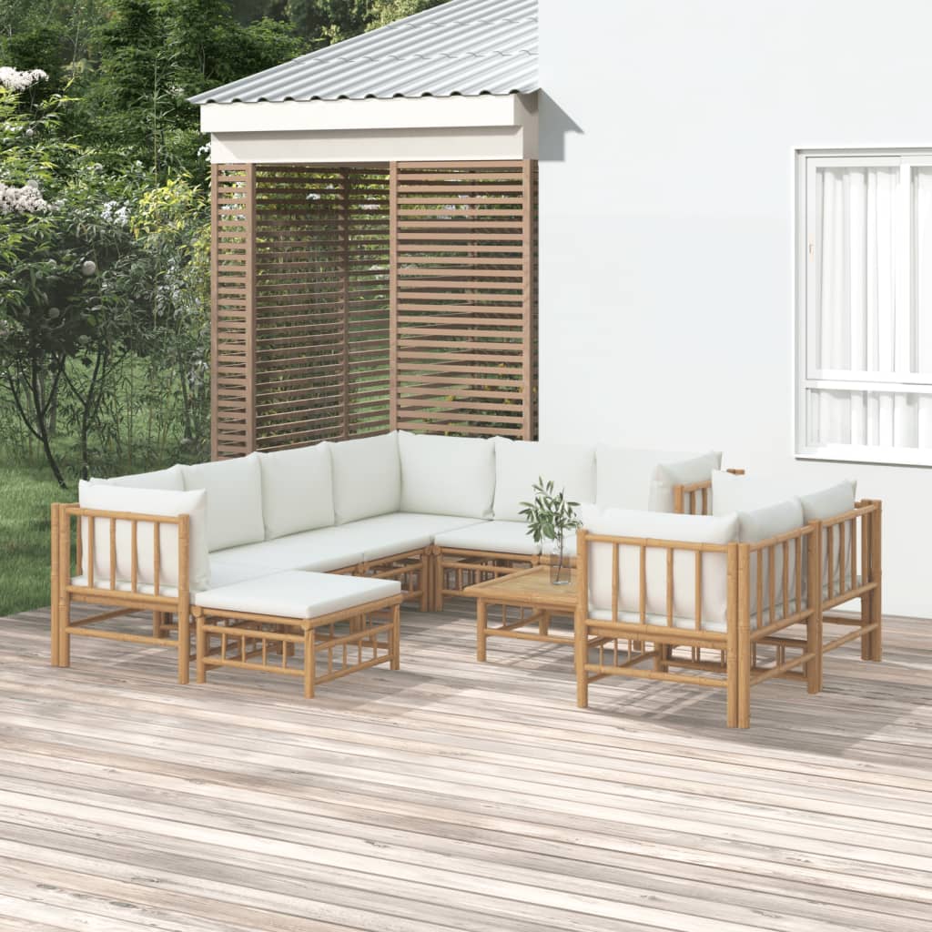 Vidaxl 10-Cz. Garden Furniture Set, Cream Cushions, Bamboo