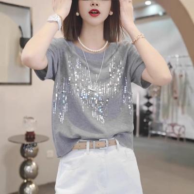 Dames ronde hals pailletten gebreide top korte mouw casual t-shirt