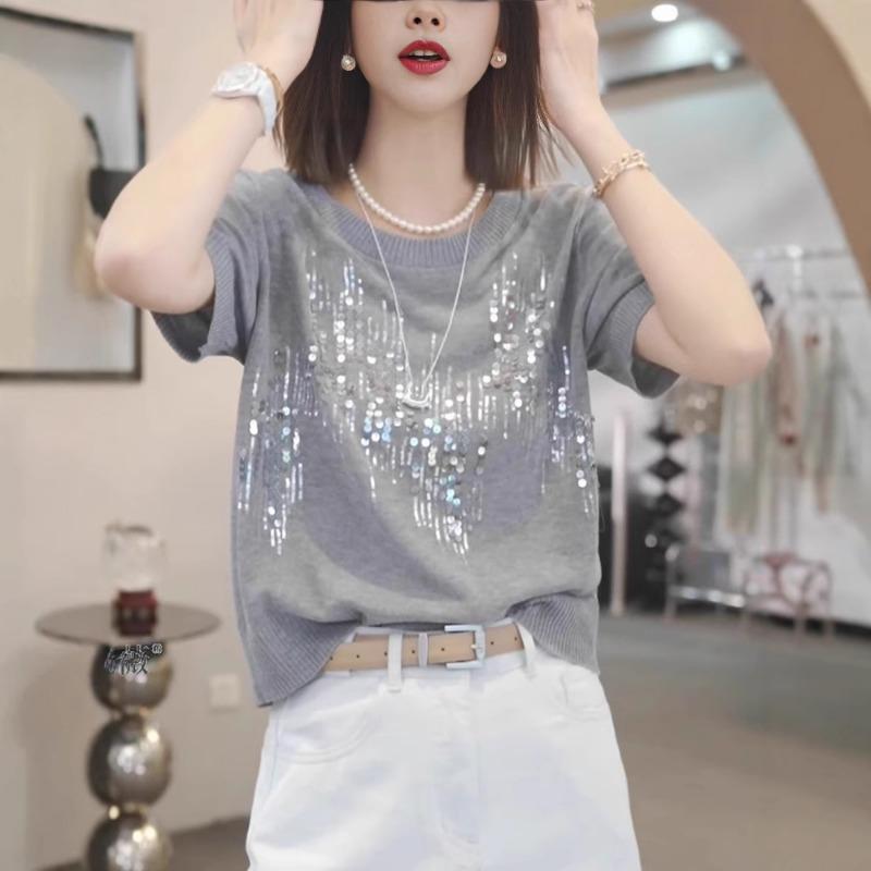 

women round neck sequin knit top short sleeve casual t shirt onesize серый