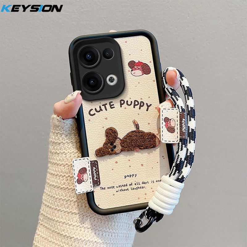 KEYSION Cartoon Cute Plush Embroidery Case for OPPO Reno13 5G with Lanyard Silicone Shockproof Phone Cover for OPPO Reno 13 Pro 5G