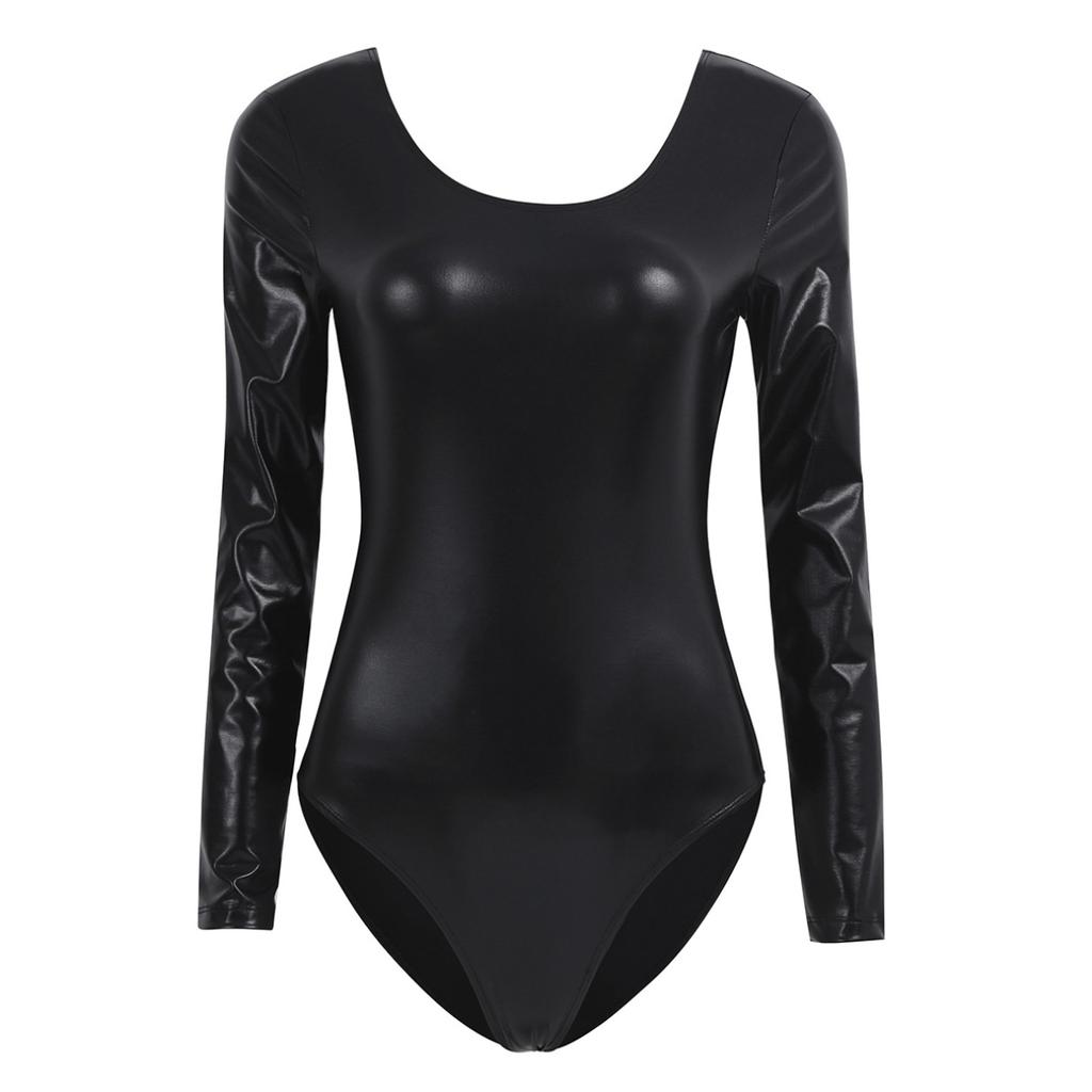 Women Adult Shiny Patent Leather Long Sleeves One-piece Leotard Bodycon Bodysuit Dancewear