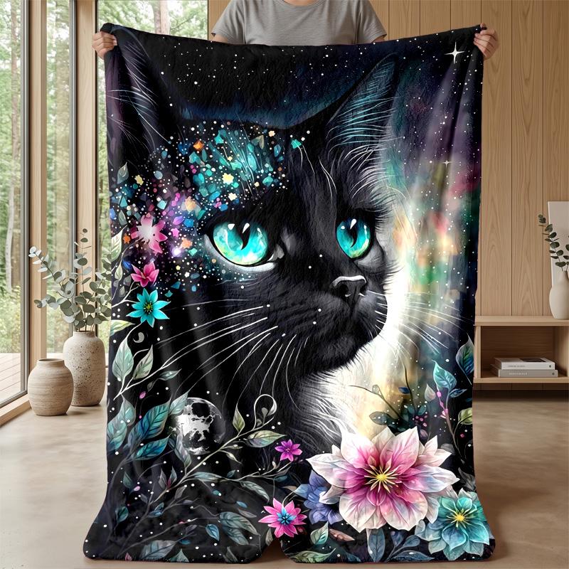 Magical Night with Rabbit and Cat Theme Blanket Lightweight Warm Flannel Blanket Decorative Throw Blanket for Home Decoration