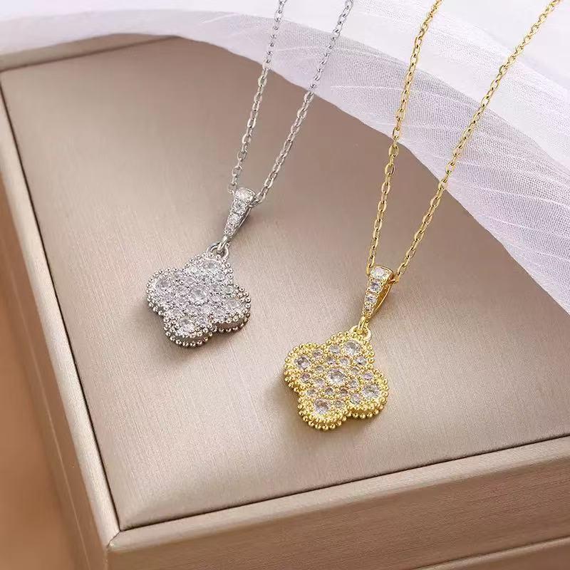 Korean Minimalist Four-Leaf Clover Diamond Heart Bow Clavicle Necklace